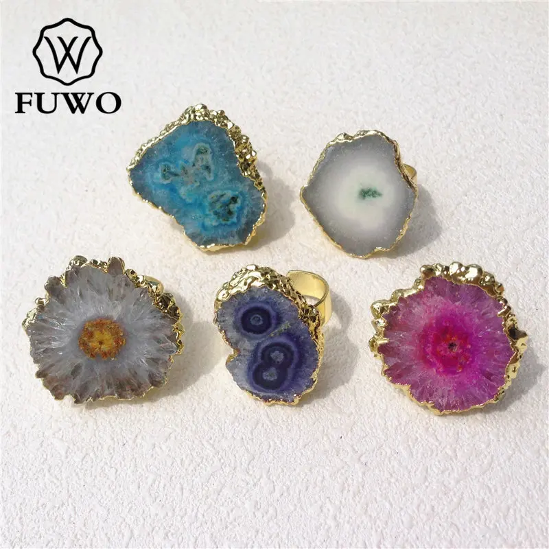 FUWO модные кольца Stalactite с 24K позолоченным гальваническим подлинным солнечным кварцем цветок Агаты нарезанное кольцо для женщин RG015 - Цвет основного камня: Multicolor