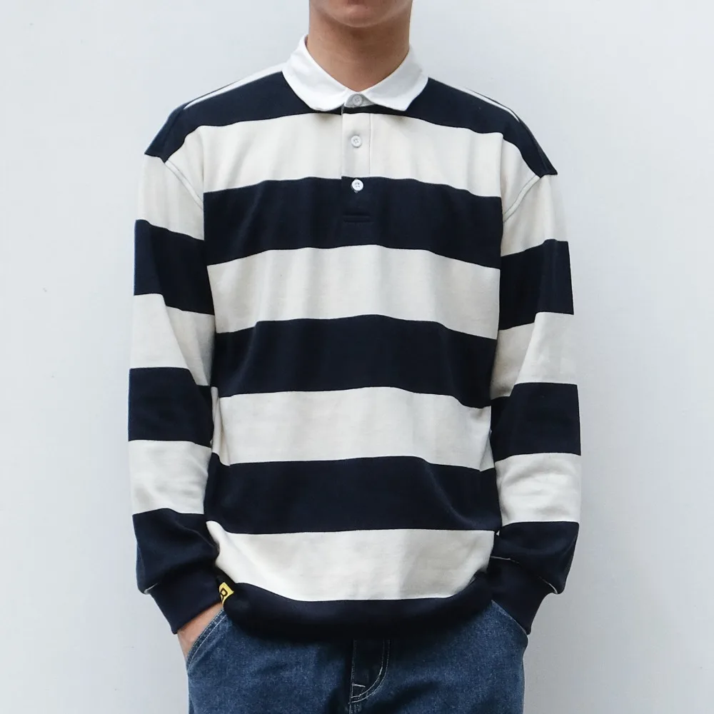 high quality hiphop polo shirt men long sleeve striped shirt japanese streetwear men clothes 2018 high street homme RugbyShirt