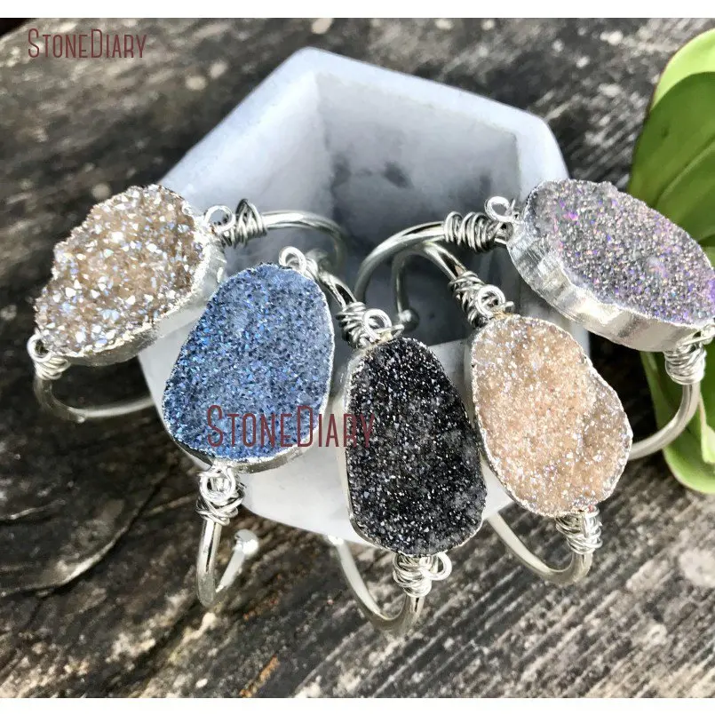 20180319-BM11256-Druzy Bracelet Stone Cuff Bracelet Rainbow Druzy Cuff Brass Cuff Bracelet Black Oval Geode Bracelet Silver Druzy Stone Bracelet Boho Cuff