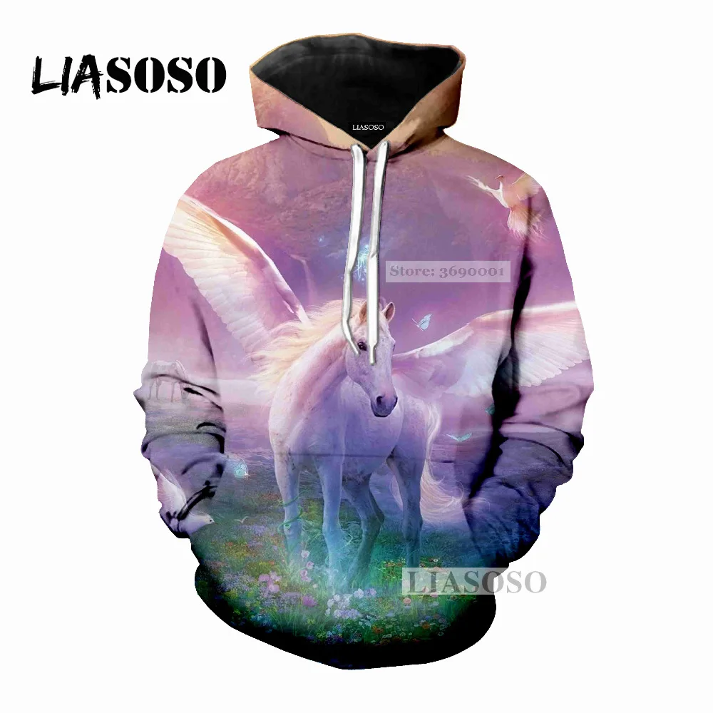 LIASOSO 2018 Новый Фэнтези Аниме Единорог животных 3D принт Для женщин Для мужчин Толстовки с капюшоном толстовки пуловер Harajuku стиль хип HopX0275