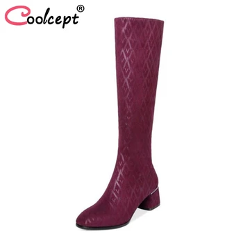 

CoolCept Women High Heels Boots Round Toe Winter Mid Calf Boots Women Warm Print Shoes Sexy Lady Fashion Footwear Size 34-40