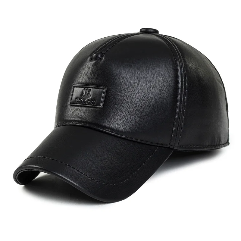 

Faux Leather Baseball Cap For Men Autumn Winter PU Hats With Ear flaps Keep Warm Earmuffs Bone Snapback Caps For Men Wholesale