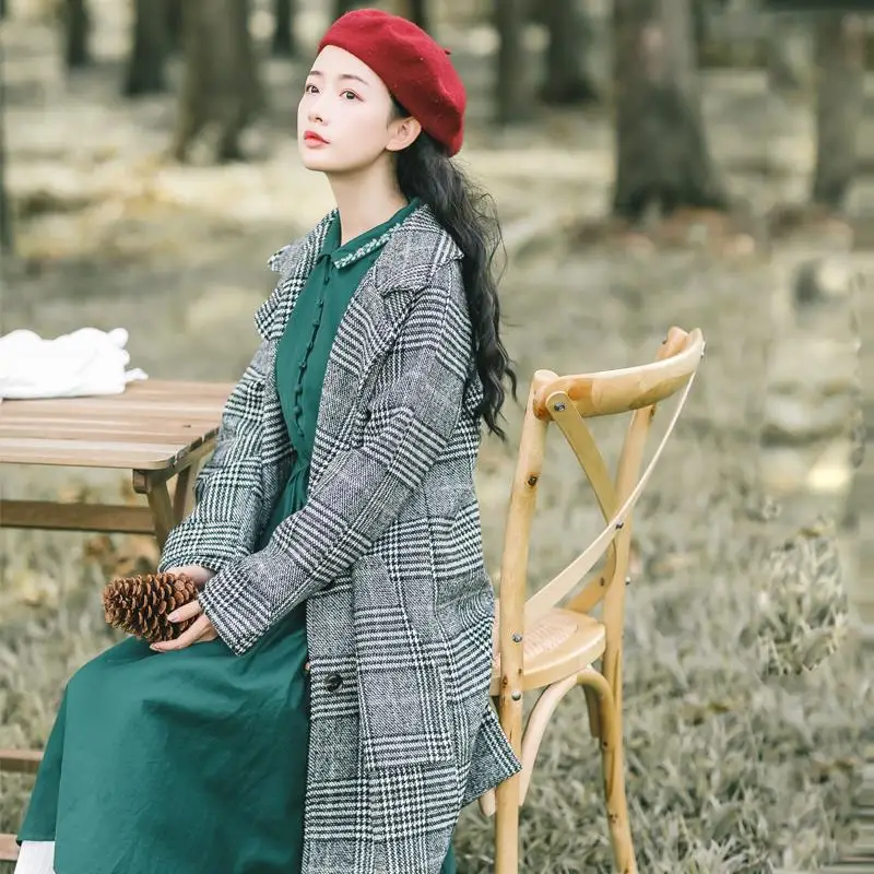 England Style Autumn Winter Coat Women Korean Plaid Woolen Warm Long Ladies Jacket Full Sleeve Tweed Vintage Classical Overcoat