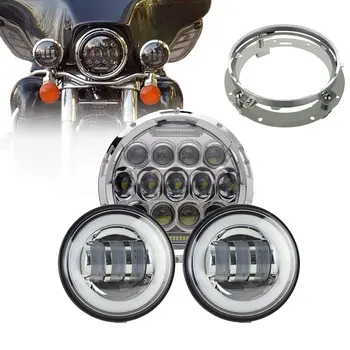 

75W 7 Inch Harley LED Headlights + 4.5" Fog Light White Halo Ring + Mounting Bracket For Harley Davidson Touring DOT Approved