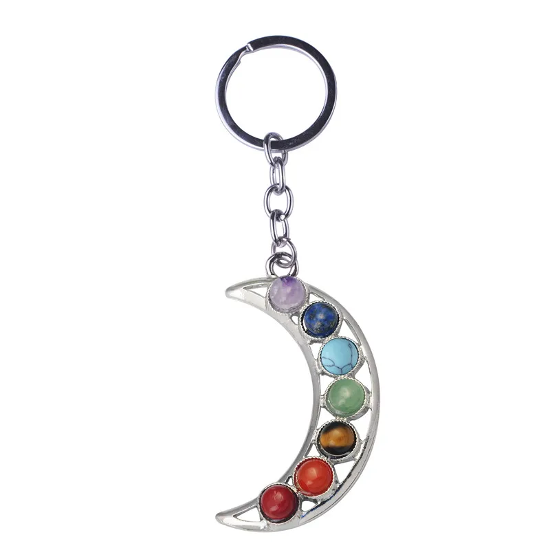 Natural 7 Chakra Stone Bead keyring Fashion silver Boho  jewelry Reiki Yoga  Keychain for women 2016