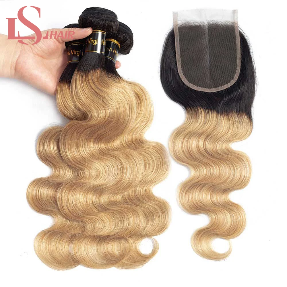 

LS Hair Human Hair Bundles With Closure Brazilian Body Wave remy Hair Bundles 1B/27 Ombre Bundles With Closure honey blonde hair