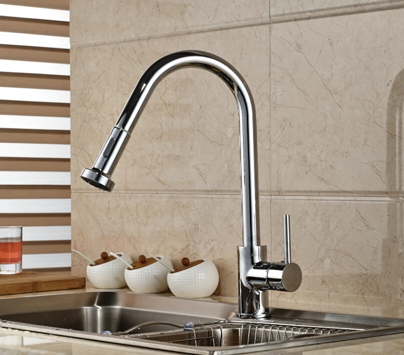 

Modern Deck Mounted Spring Kitchen Faucet Pull Out Spout Mixer Single Handle Chrome Finished 2Ways Water
