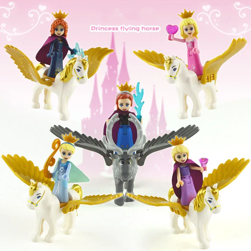 Online 10 Uds. Nuevo LegoINGlys niña amiga cuento de hadas princesa sirena Elsa Anna bella caballo volador bloques de construcción ladrillos figuras Juguetes