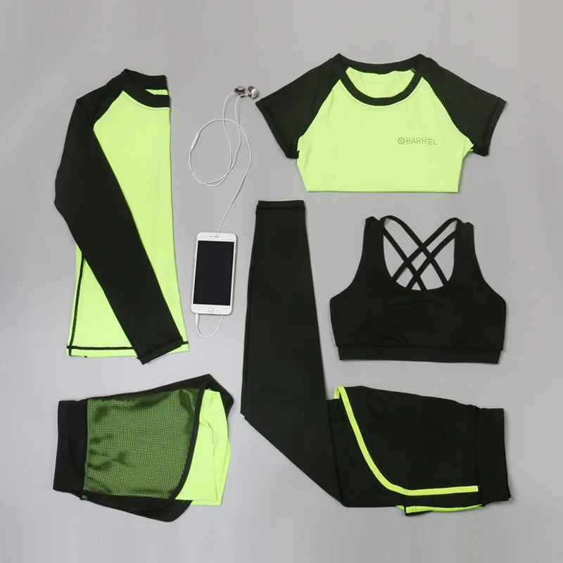 

New five pieces sets yoga clothes show slim fitness clothes speed dry pants outdoor sports suit women loose