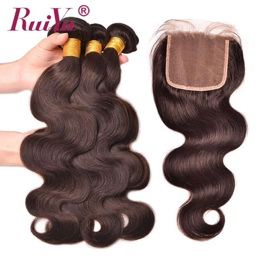 preço RUIYU Cabelo Onda Do Corpo Peruano Pacotes com fecho #2 3 Marrom Escuro Do Cabelo Humano Pacotes Com Fecho de Rendas Não extensões de Cabelo Remy