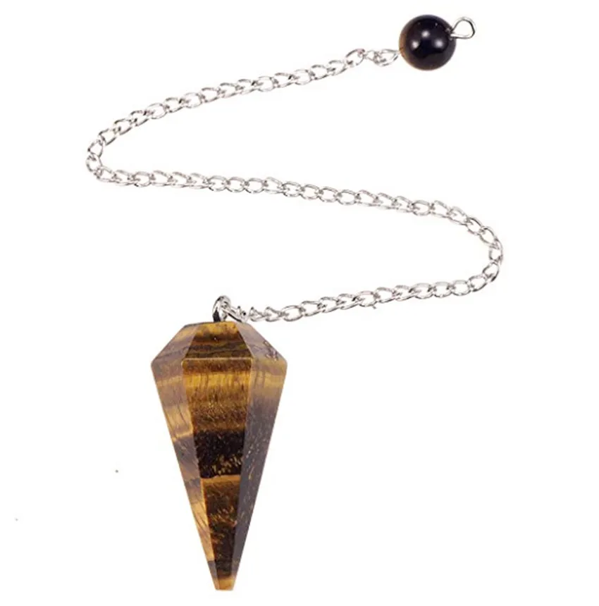 

FYJS Unique Silver Plated Metal Chain Pendulum Hexagon Pyramid Pendant Tiger Eye Stone Jewelry