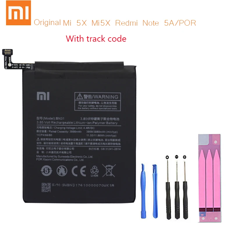 

Xiao Mi Original Phone Battery BN31 for Xiaomi Mi 5X Mi5X Redmi Note 5A / Pro Mi A1 Redmi Y1 Lite S2 3000mAh Batteries + Tools