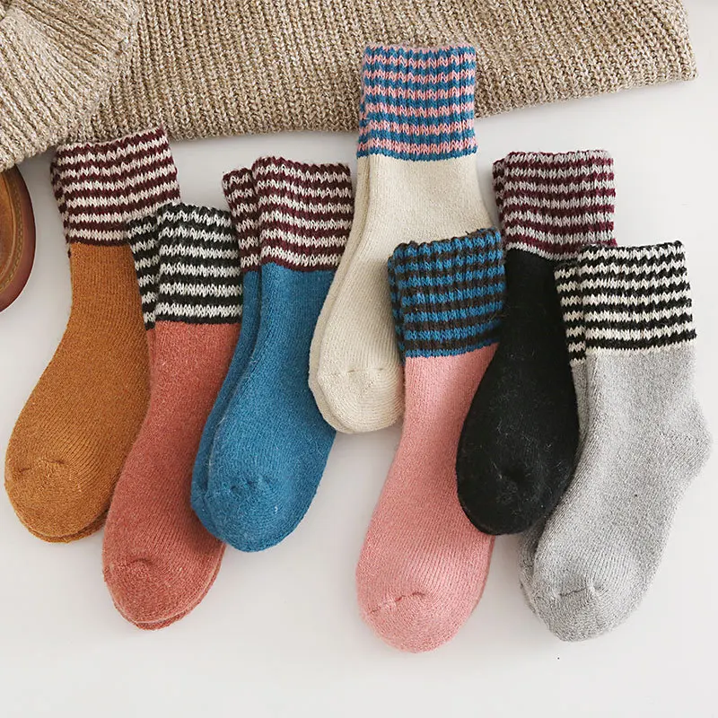 

Thick Socks Women Simple Winter Cotton Wool Patchwork Socks Keep Warm Stripe Comfortable Stretch Mid Socks Female Casual