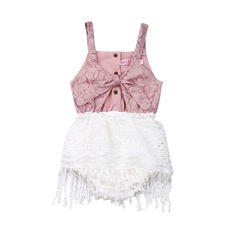 

Pretty Summer Newborn Clothes Baby Girl Patchwork Bodysuits Lace Tassels Sleeveless Strap Jumpsuit Girl Bow V-Neck Sunsuit 0-24M
