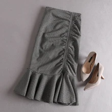 PHOEBE hzосенне-зимняя черно-белая клетчатая полуюбка, новинка года, юбка с оборками в ломаную клетку и высокой талией, юбка с рыбьим хвостом