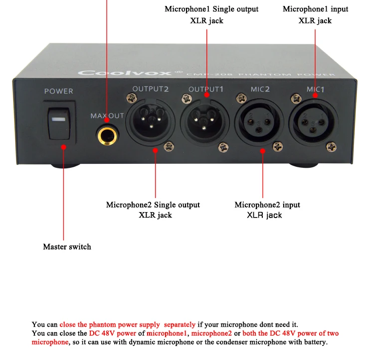 Coolvox профессиональный DC 48v двойной смешанный внешний фантомный источник питания для конденсаторных микрофонов оборудование для записи музыки 100 V-250 V