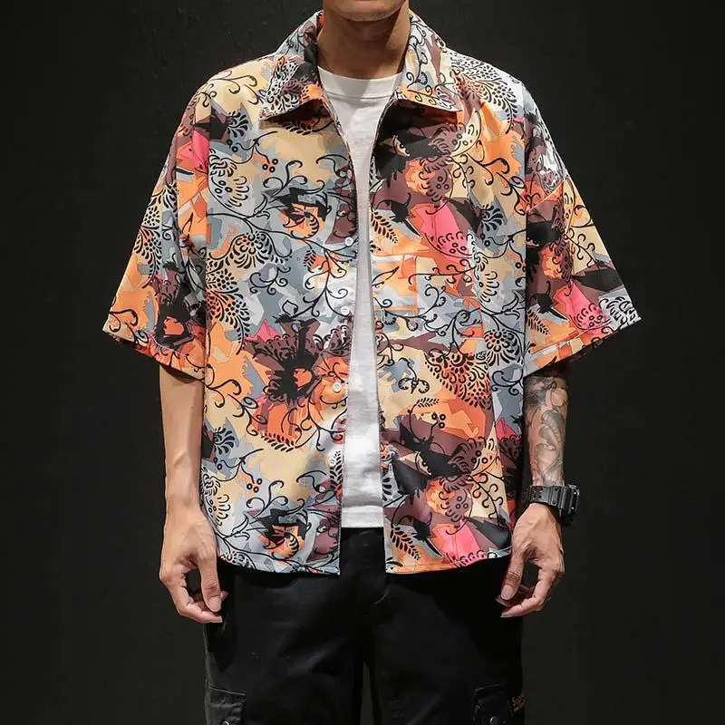 Мужская рубашка размера плюс 4XL 5XL с коротким рукавом, больше размера d, Летние Гавайские рубашки, винтажные пляжные рубашки с цветочным принтом, Гавайские рубашки XXXXXL - Цвет: Coffee Hawaii Shirt