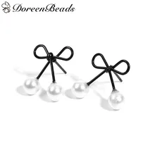 DoreenBeads прекрасные романтические серьги-гвоздики для девочек женские черные с бантом и белыми бусинами хороший подарок для подруги сестры 1 пара