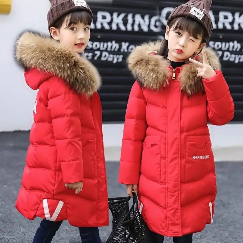 Зимнее пальто для девочек, Длинная утепленная одежда из хлопка в Корейском стиле для больших девочек, повседневная одежда - Цвет: Красный