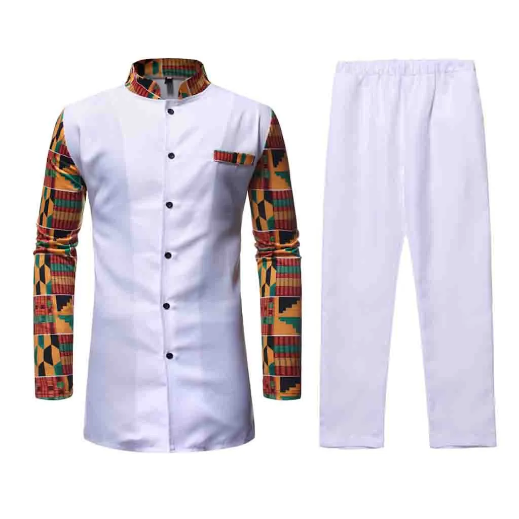 

Casual Men's Set African Style Suit Collar Set Print Colorblock Medium Long Two-piece Set Y610