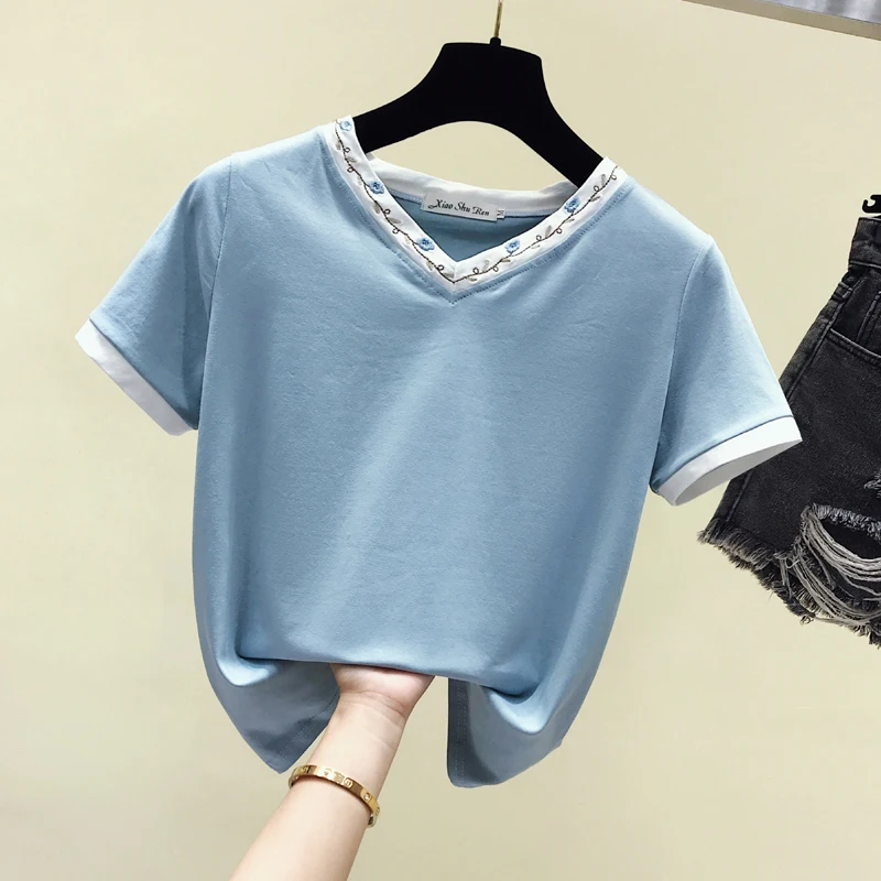

2019 Summer New Women's T-shirt Korean Fashion Niche Solid Color Flower Embroidery Female Tshirts Short V-Neck Skyblue Tops