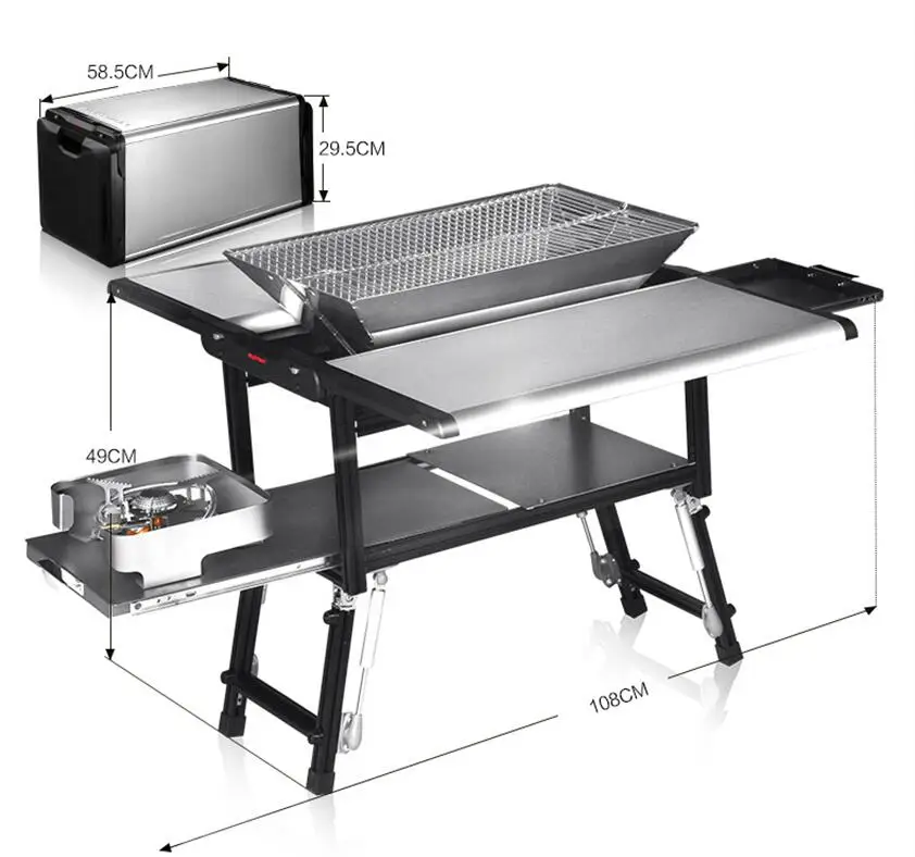 Многофункциональный портативный складной гриль для барбекю с древесным углем из Сплава Al Mg и нержавеющей стали, открытый гриль для барбекю с полным набором инструментов