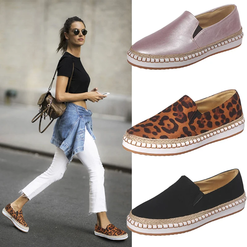 

EOEODOIT 2019 Women Loafers Round Toe Slip On Platform Cozy Espadrilles Flat Heel Shoe Plus Size Flats Casual Leather Sneaker