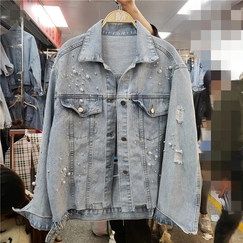 

Spring Autumn Women Vintage Holes Denim Coat Beaded Irregular Hem Jeans Jacket 2019 Long Sleeve Casual Loose Outwear Female