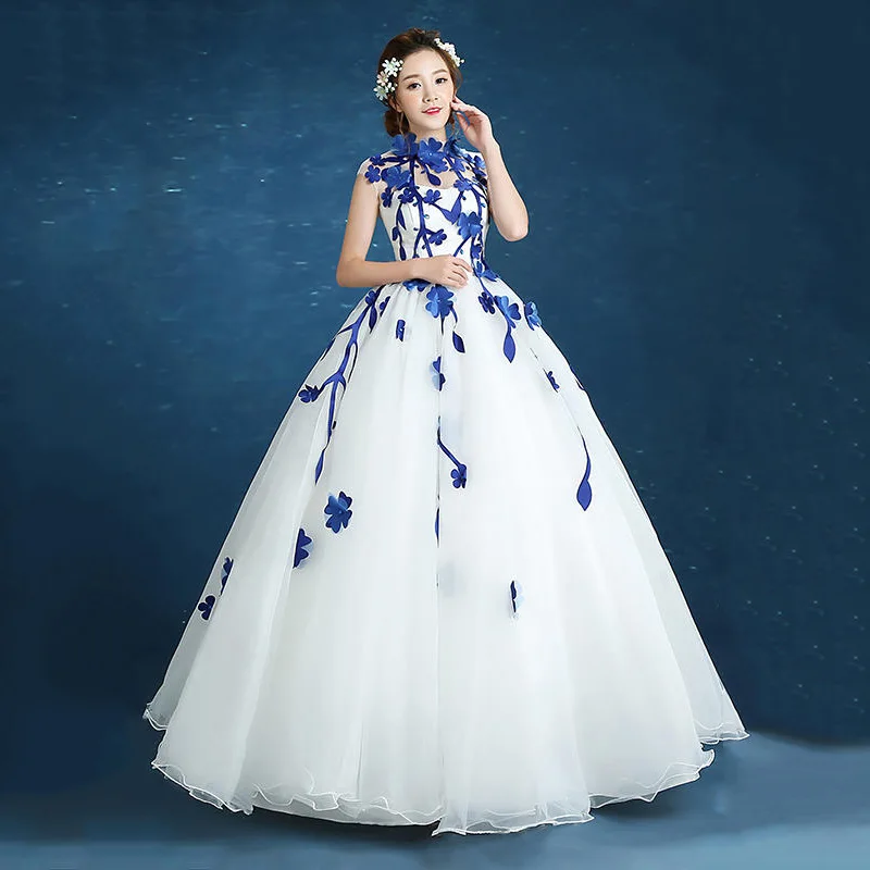 Trajes De Quinceaneras новое длинное бальное платье без рукавов с высоким воротом Цветочное платье размера плюс на молнии на заказ платье для выпускного вечера L