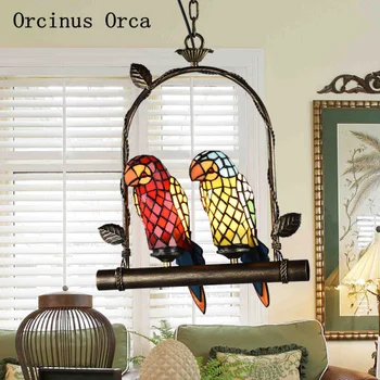 

European retro coloured parrot chandelier living room dining hall corridor Mediterranean LED glass bird Chandelier