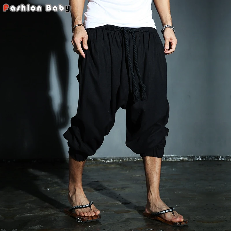 Men's Low Crotch Casual Harem Beach Pants Mens Elastic Waist Wide Leg ...