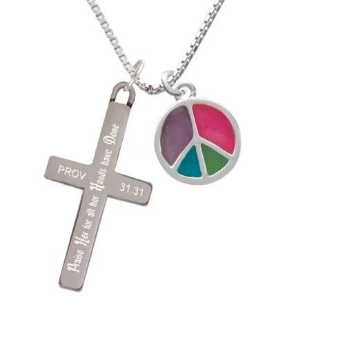 Multicolored Peace Sign - Praise Her - Cross Necklace (1)