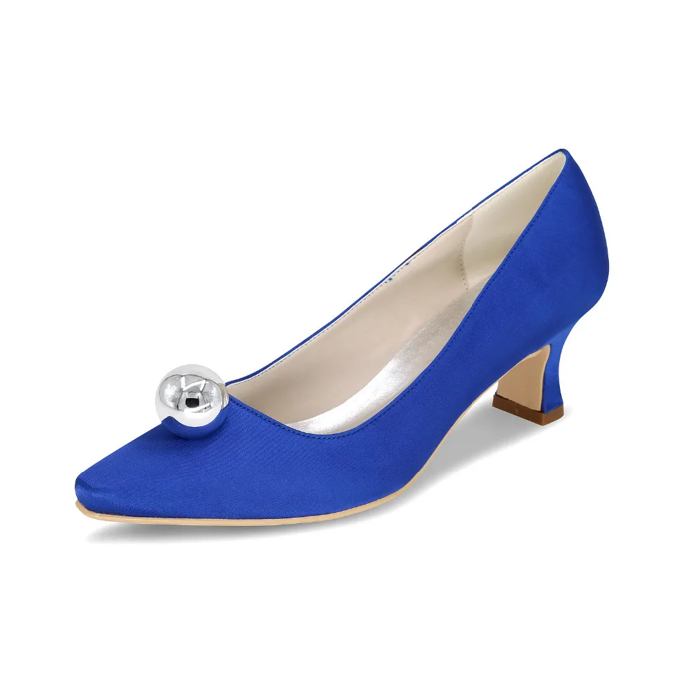 Comfortable satin hoof heel bridal wedding party prom evening dress shoes with silver ball on pointed