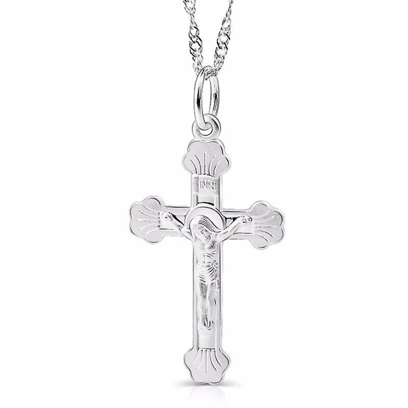 Sinya S990 Sterling Silver Cross Pendant With 18inch 925 silver waterwave Chain Necklace Christmas Gift Jesus Jewelry  (1)