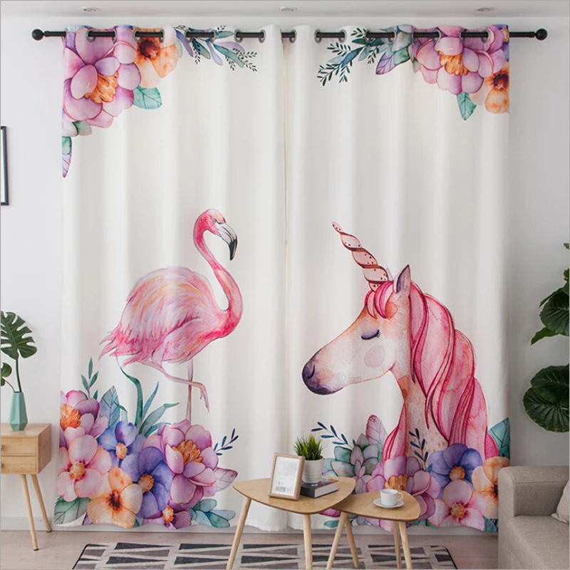 

Modern flamingo curtains in the hall short tulle on the windows for Bedroom Blackout Curtain for Children Household