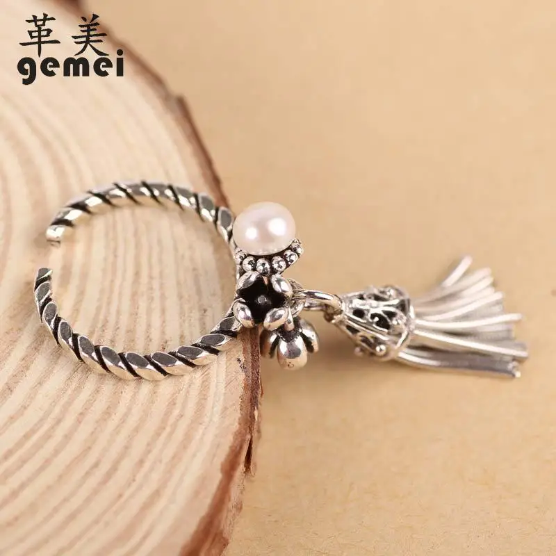 

Gemei 100% 925 Sterling Silver Fringed Shell Beads Flowers Open Rings For Women Retro Style Fashion Party Jewelry