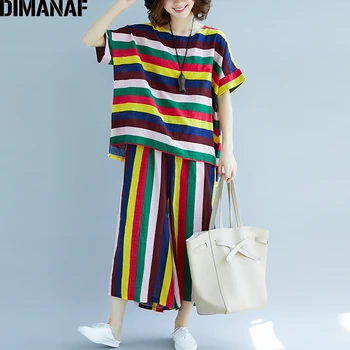 

DIMANAF Plus Size Women Sets Summer Big Size Cotton Set Suits Female Lady Tops Shirt Loose Long Pants Casual Print Striped 2019