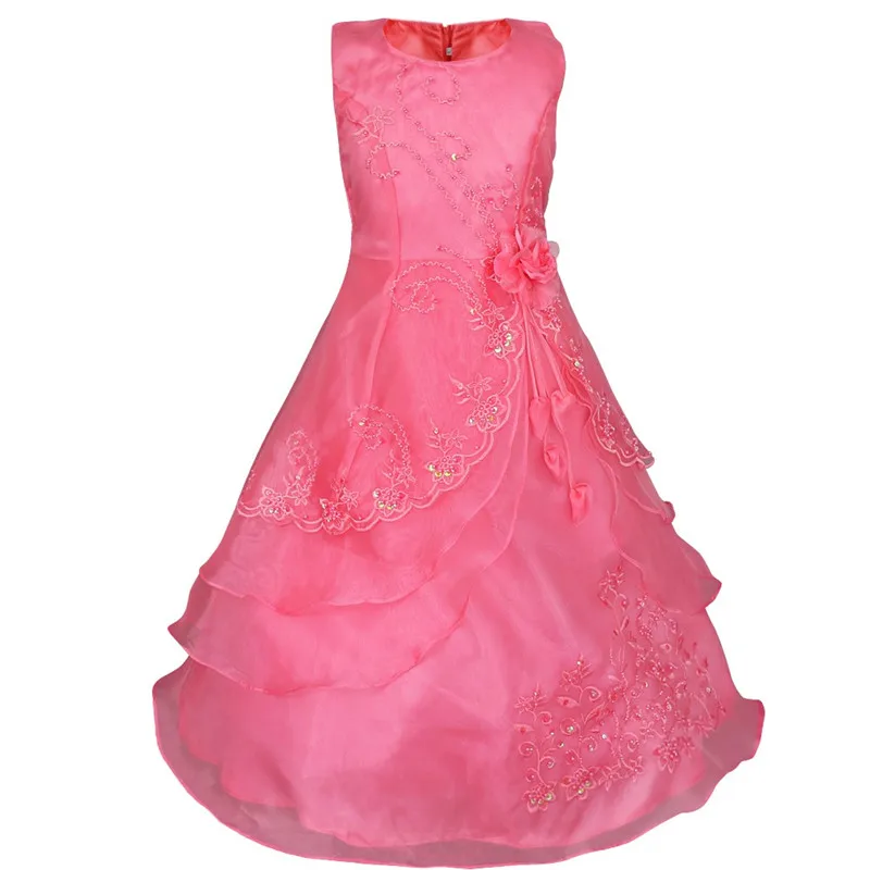 Детское вышитое платье с цветочным узором для девочек для праздничной вечеринки свадьбы платье подружки невесты вечернее платье платье на выпускной платье принцессы платья на официальное мероприятие длинное платье для детей 4-14 лет - Цвет: Watermelon Red