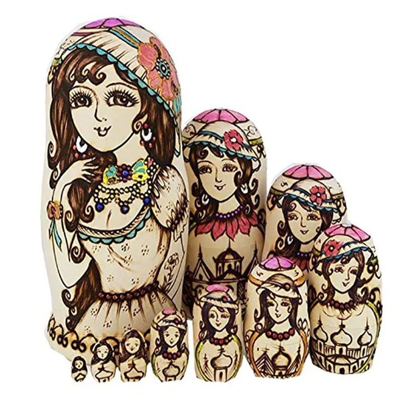 

10 Pcs/ Set Russian Matryoshka Doll Beautiful Girls Lady Nesting Dolls Wooden Hand Painted Craft for Kid Gift Home Decor -17 M09