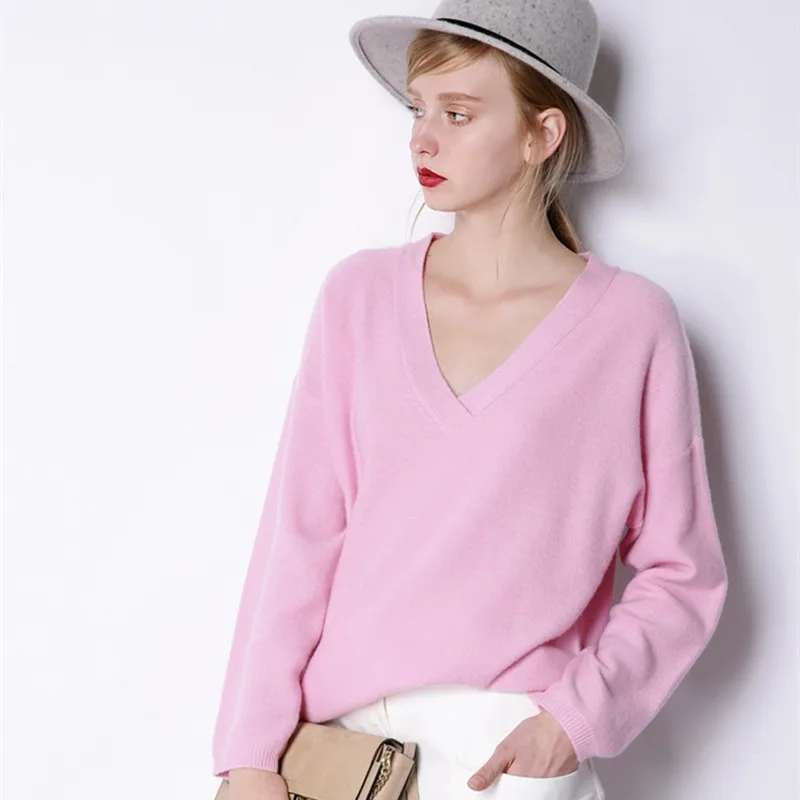 BARESKIY 2019 spring new V-neck cashmere sweater women's pullover loose large size women's solid color knit bottoming shirt BARESKIY 2019 spring new V-neck cashmere sweater women's pullover loose large size women's solid color knit bottoming shirt