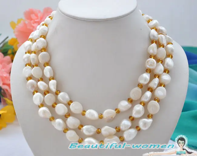 

free shipping >>>3row 18" 13mm white baroque freshwater cultured pearl Citrine Crystal necklace