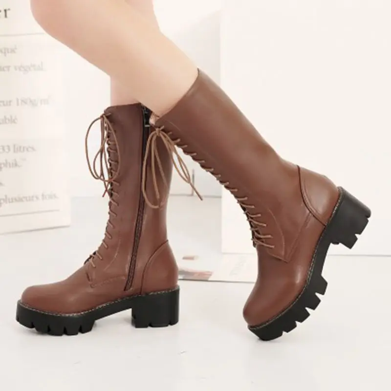 BLXQPYT Elegant Fashion Plus Size 34-43 Women Knee boots Autumn Winter Round Toe Martin knight Boots platform Shoes Woman M181