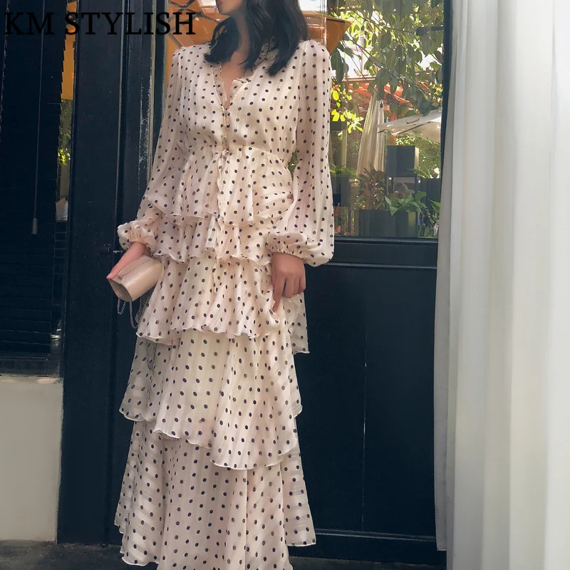 

2019 Early Autumn Australia Zim New Vintage Gold Line Polka Dot Cake Ankle-Length Dress High Waist V-neck Ruffled Women Dress