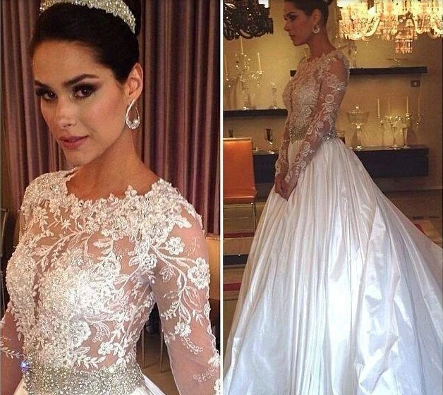 

custom crystal belt vestido de noiva 2014 new fashionable sexy romantic long sleeve ball bridal gown wedding dress free shipping