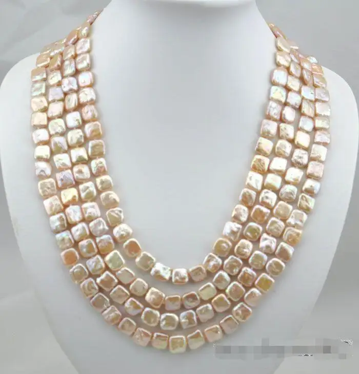 

Free shipping hot sale Women Bridal Wedding Jewelry >>100"12mm square pink freshwater pearl necklace