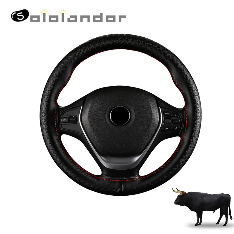 

Hand-sewn steering wheel Leather covers fashion embossed 38cm universal real cow leather car cover slip-resistant wear-resistant