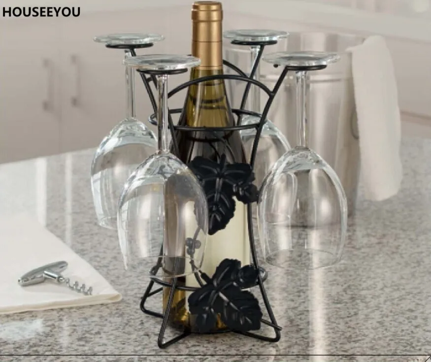 Creative Metal Art Wine Bottle Holder Wine Rack Shelf Four Mugs Stand