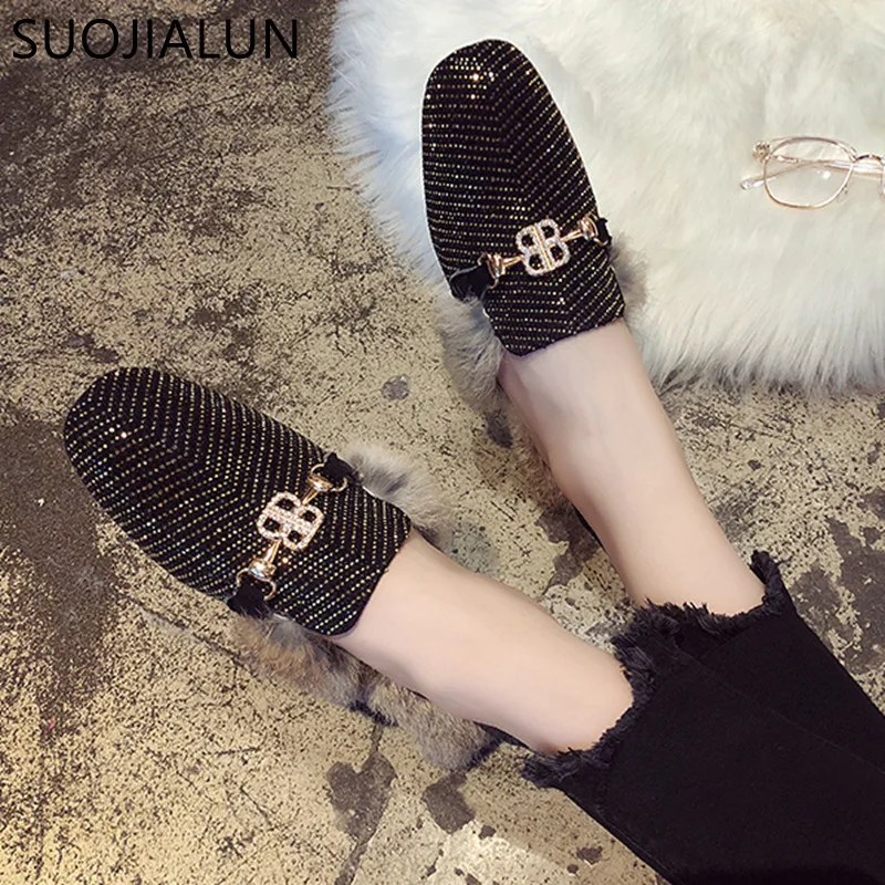 

SUOJIALUN 2018 Winter Autumn Plus Women Slippers Slip On Mule Women Flat Casual Shoes Loafer Women Outdoor Slipper Chaussure