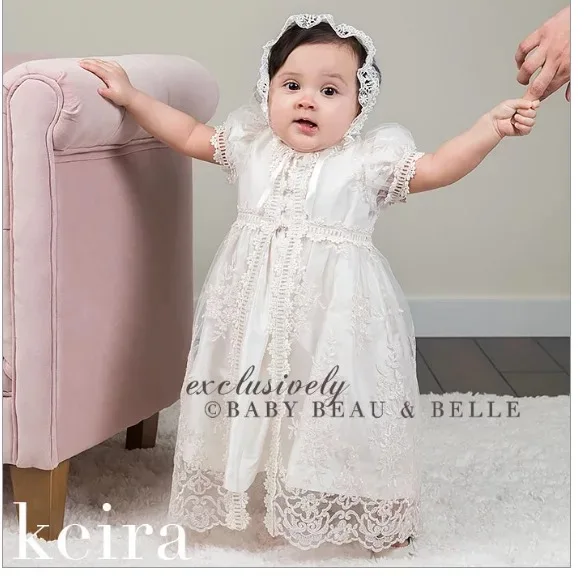 Белый Newborn Baby Baptism Photography White Lace Dress with Hat Infant Christening Party Dresses for Little Baby Naming Blessing Gown - Цвет: Белый
