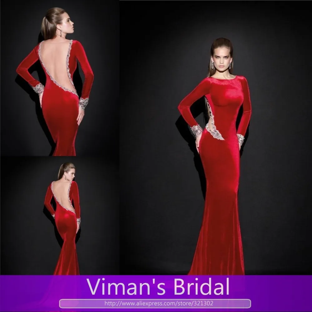 2015 Sexy Vestidos De Gala vestido De noche rojo Scoop palabra De longitud gasa manga larga